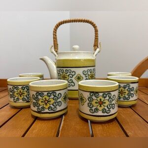 Otagiri Stoneware Teapot Set Floral Design Glazed Finish Rattan Handle